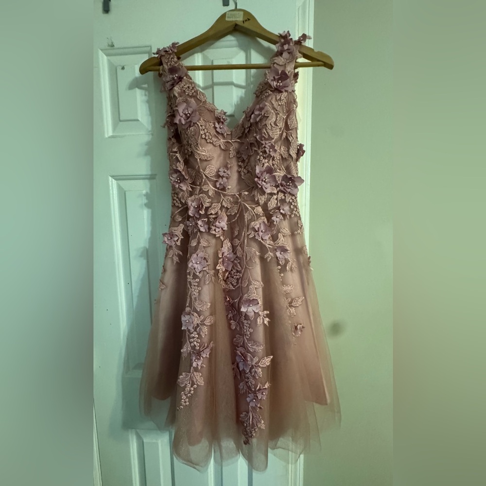 Dusty Rose Floral Appliqué Tulle Dress